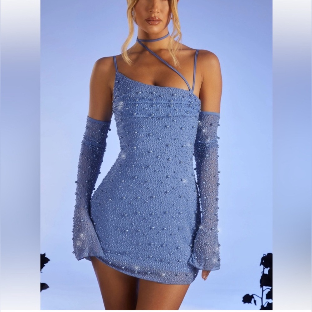 Oh Polly Light Blue Asymmetrical Beaded Mini Dress